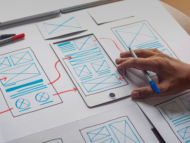 esquisse de wireframe pour expliquer la navigation d'un site internet sur mobile